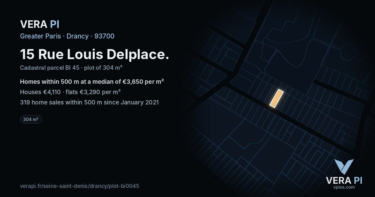 15 Rue Louis Delplace, Drancy at night – the plot lit, the parcels around coloured by the prices near them