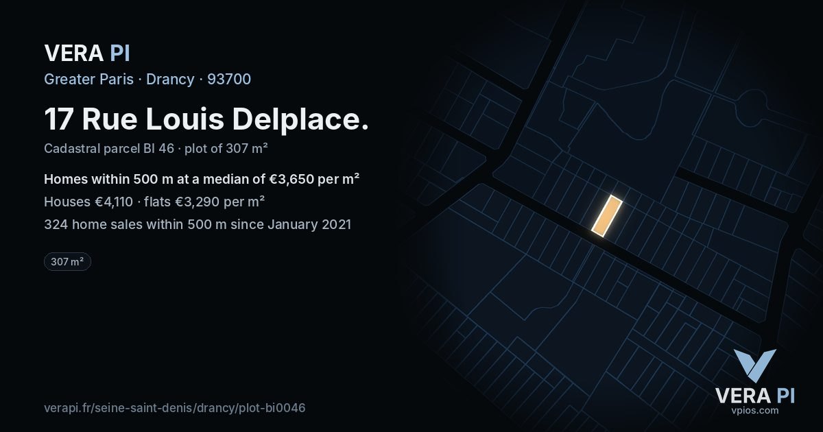 17 Rue Louis Delplace, Drancy at night – the plot lit, the parcels around coloured by the prices near them