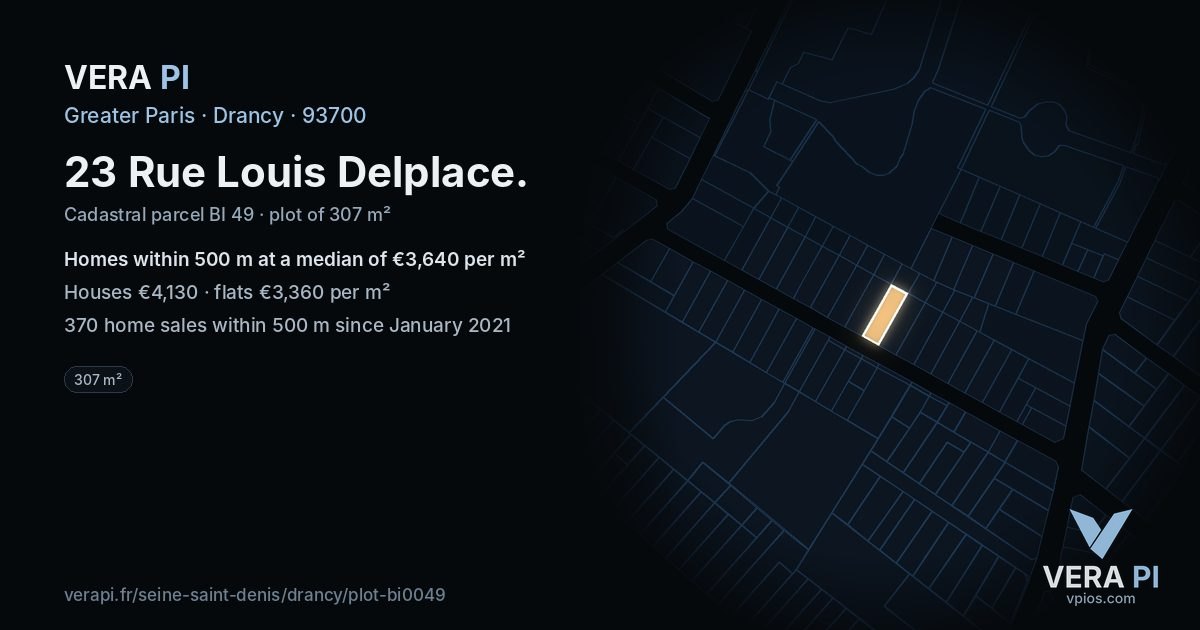 23 Rue Louis Delplace, Drancy at night – the plot lit, the parcels around coloured by the prices near them