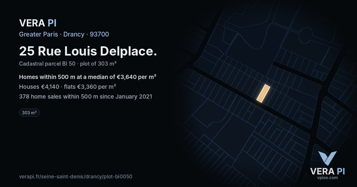 25 Rue Louis Delplace, Drancy at night – the plot lit, the parcels around coloured by the prices near them