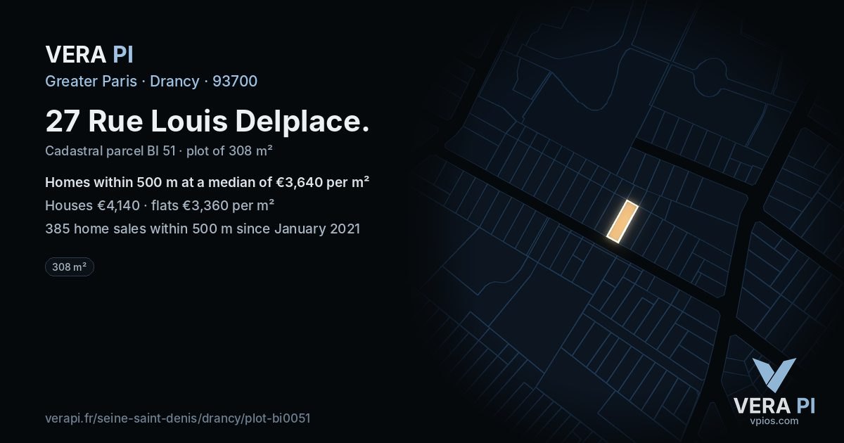 27 Rue Louis Delplace, Drancy at night – the plot lit, the parcels around coloured by the prices near them