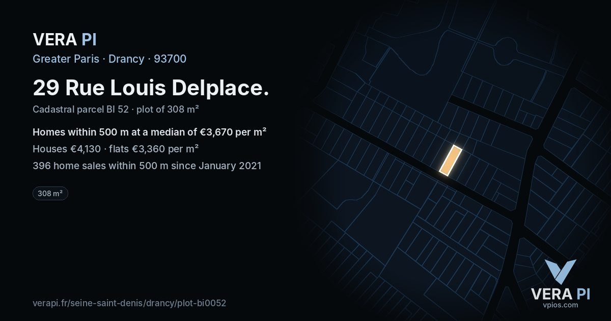 29 Rue Louis Delplace, Drancy at night – the plot lit, the parcels around coloured by the prices near them