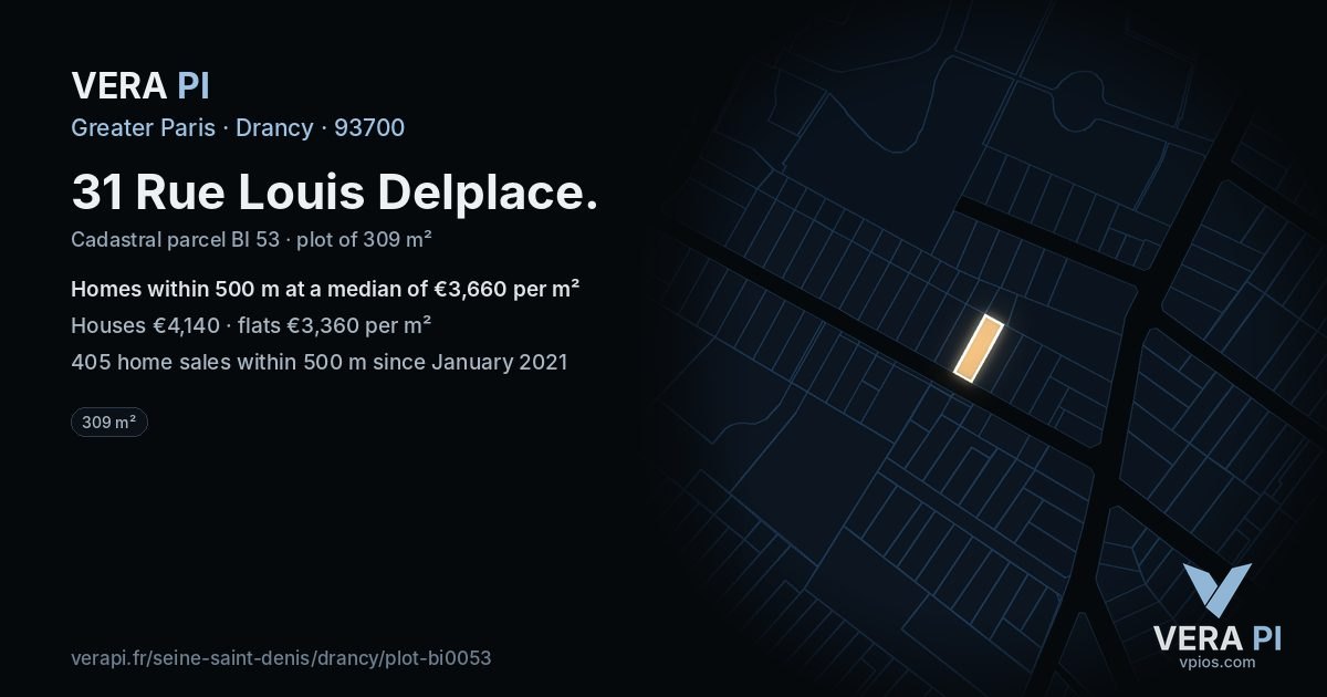 31 Rue Louis Delplace, Drancy at night – the plot lit, the parcels around coloured by the prices near them