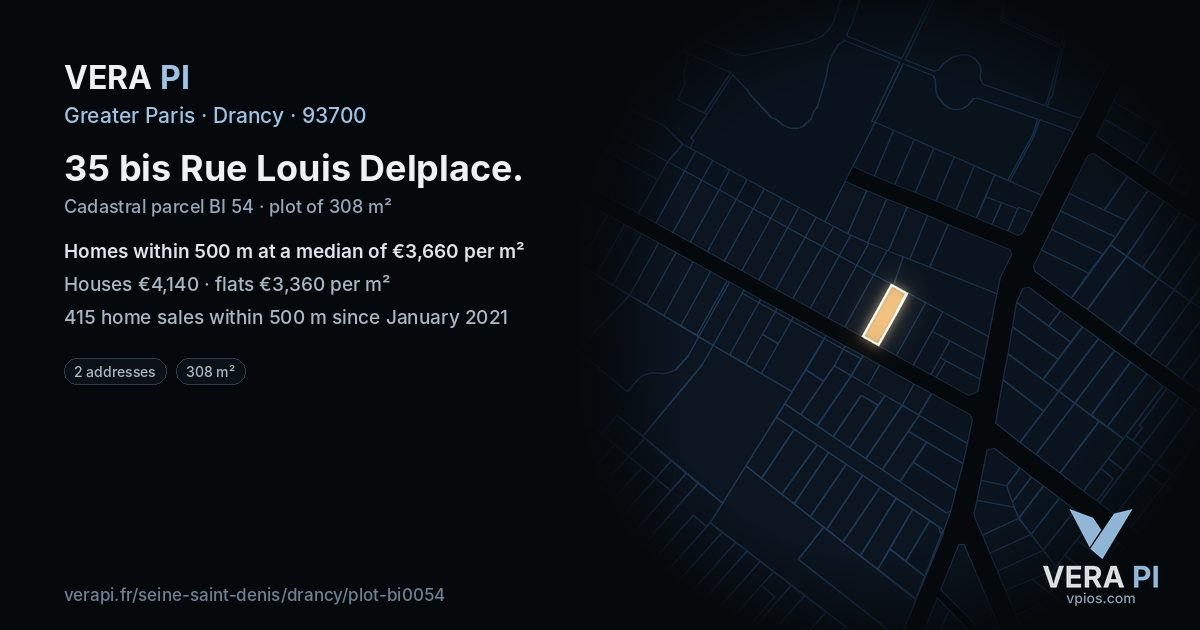 35 bis Rue Louis Delplace, Drancy at night – the plot lit, the parcels around coloured by the prices near them