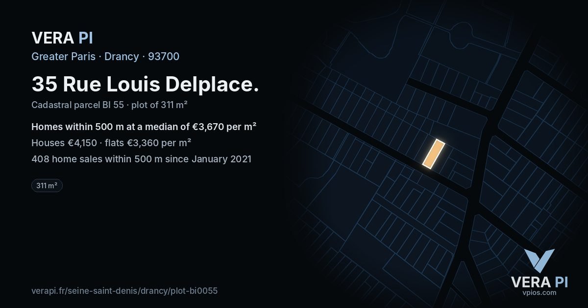 35 Rue Louis Delplace, Drancy at night – the plot lit, the parcels around coloured by the prices near them