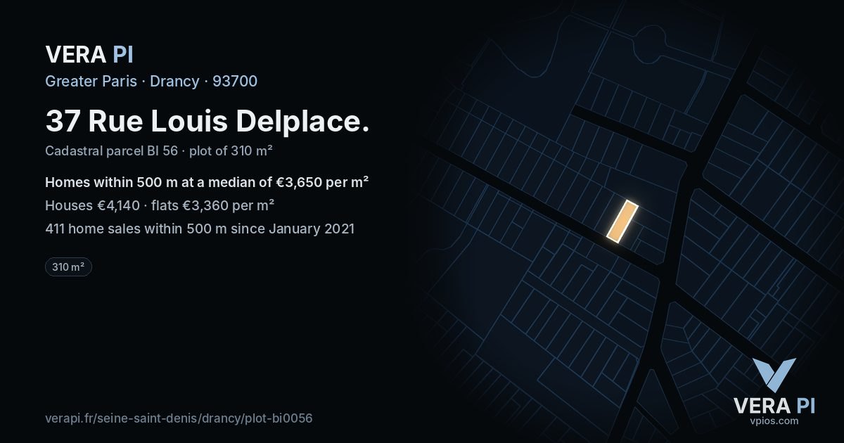 37 Rue Louis Delplace, Drancy at night – the plot lit, the parcels around coloured by the prices near them