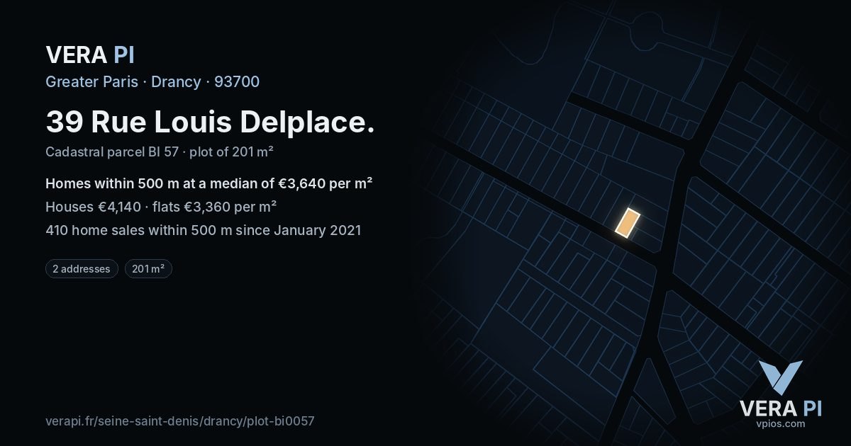 39 Rue Louis Delplace, Drancy at night – the plot lit, the parcels around coloured by the prices near them