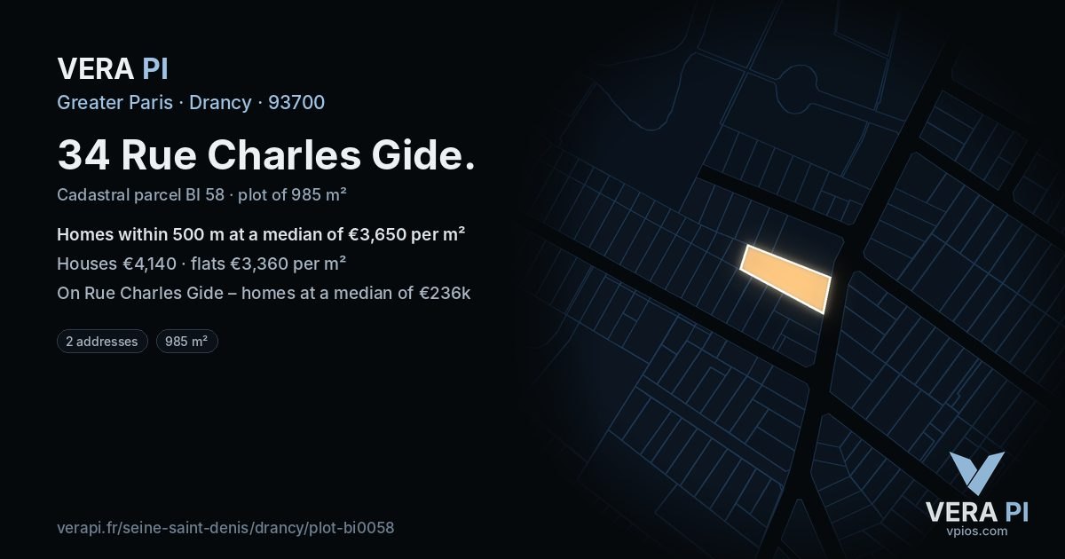 34 Rue Charles Gide, Drancy at night – the plot lit, the parcels around coloured by the prices near them
