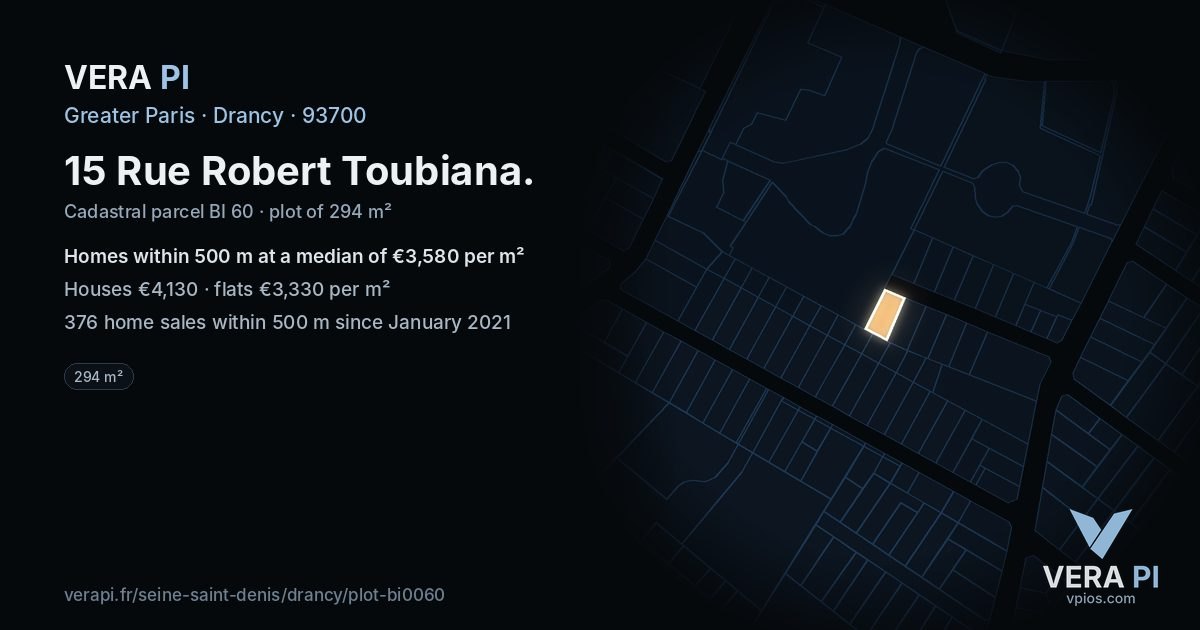 15 Rue Robert Toubiana, Drancy at night – the plot lit, the parcels around coloured by the prices near them