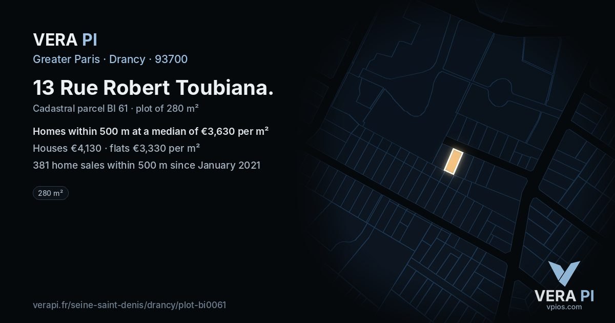 13 Rue Robert Toubiana, Drancy at night – the plot lit, the parcels around coloured by the prices near them