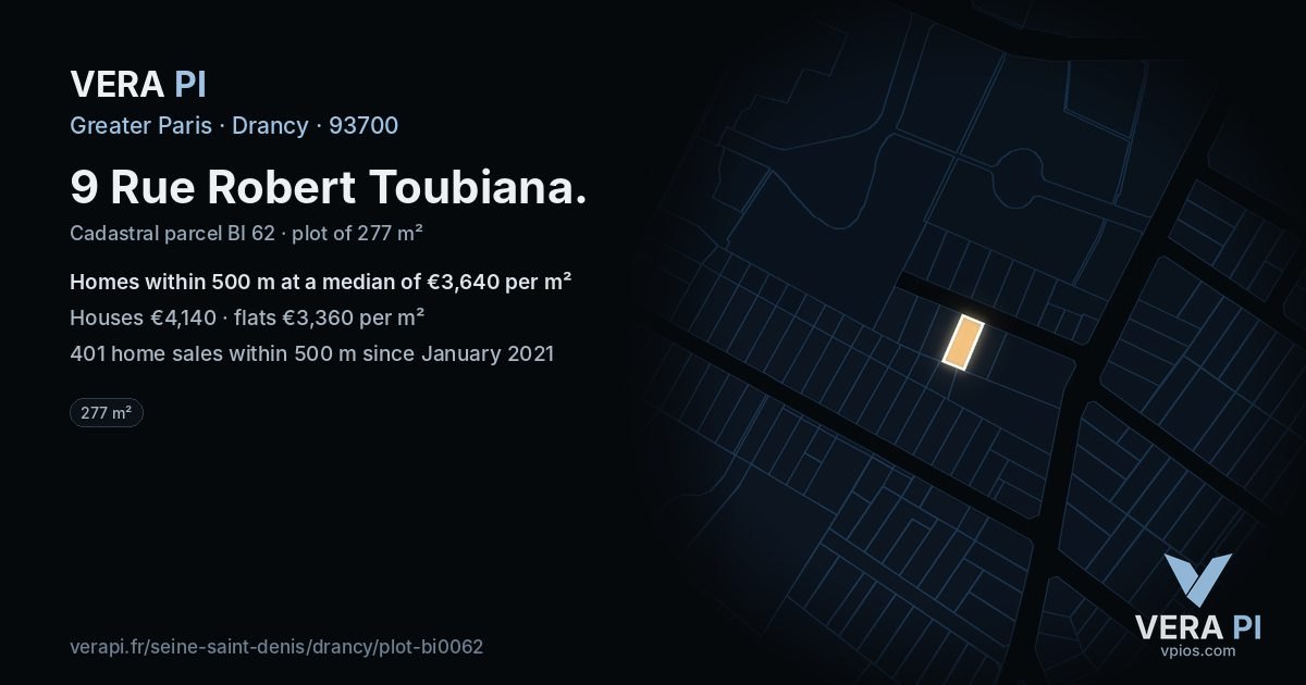 9 Rue Robert Toubiana, Drancy at night – the plot lit, the parcels around coloured by the prices near them