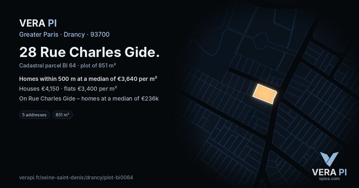 28 Rue Charles Gide, Drancy at night – the plot lit, the parcels around coloured by the prices near them