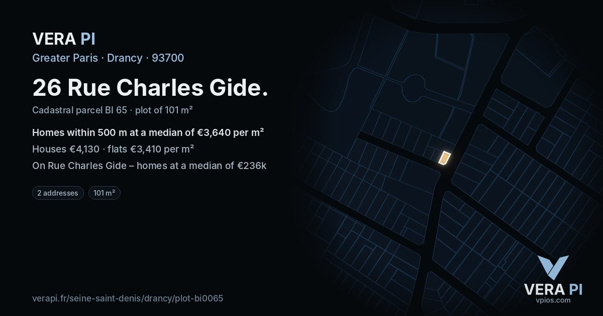 26 Rue Charles Gide, Drancy at night – the plot lit, the parcels around coloured by the prices near them