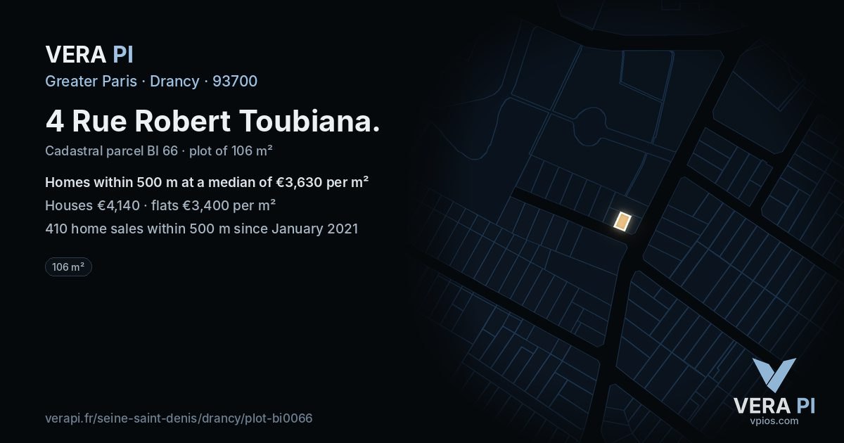 4 Rue Robert Toubiana, Drancy at night – the plot lit, the parcels around coloured by the prices near them