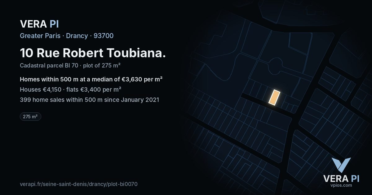 10 Rue Robert Toubiana, Drancy at night – the plot lit, the parcels around coloured by the prices near them