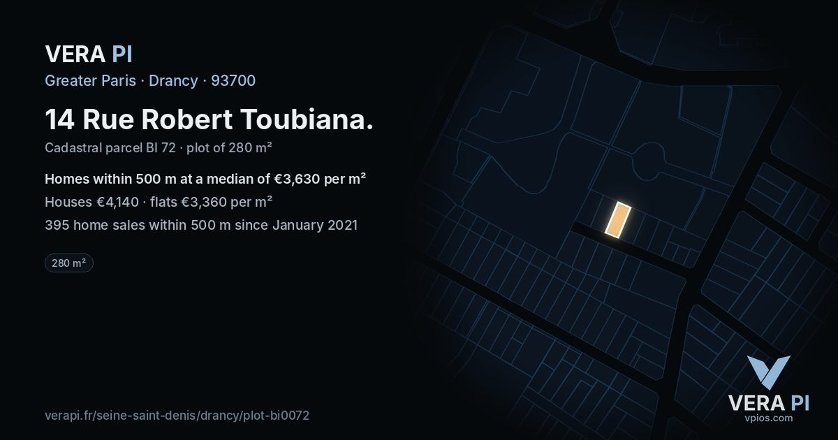 14 Rue Robert Toubiana, Drancy at night – the plot lit, the parcels around coloured by the prices near them