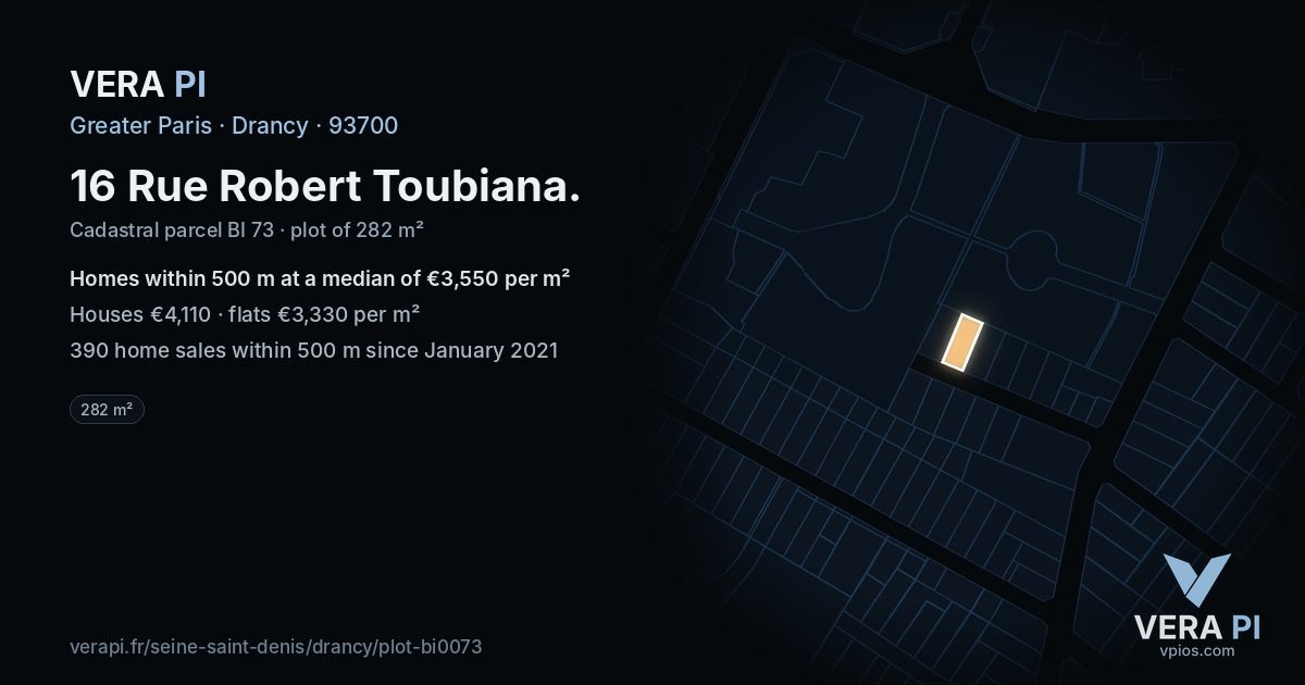 16 Rue Robert Toubiana, Drancy at night – the plot lit, the parcels around coloured by the prices near them
