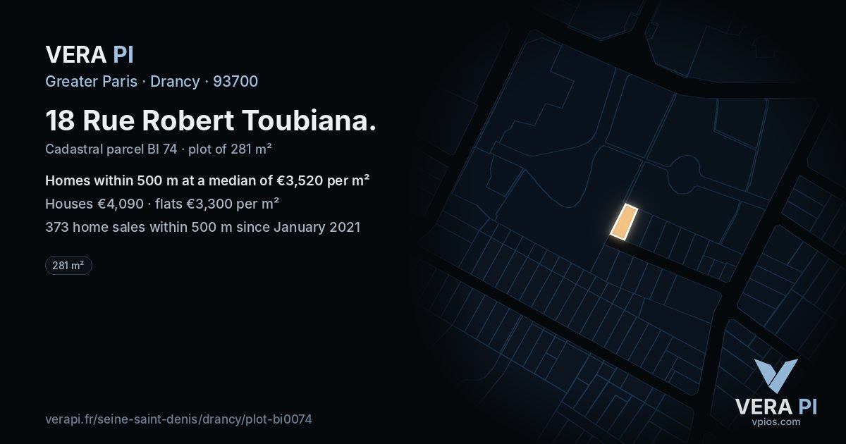 18 Rue Robert Toubiana, Drancy at night – the plot lit, the parcels around coloured by the prices near them