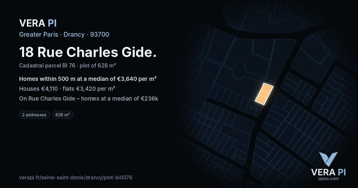18 Rue Charles Gide, Drancy at night – the plot lit, the parcels around coloured by the prices near them