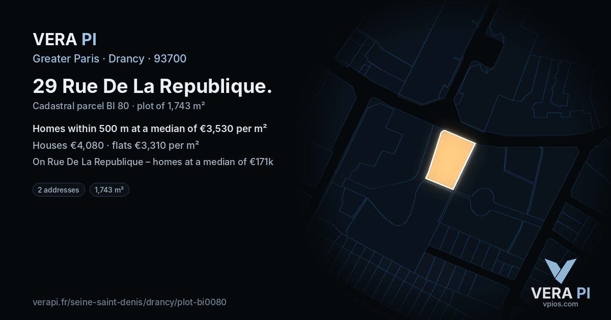 29 Rue De La Republique, Drancy at night – the plot lit, the parcels around coloured by the prices near them