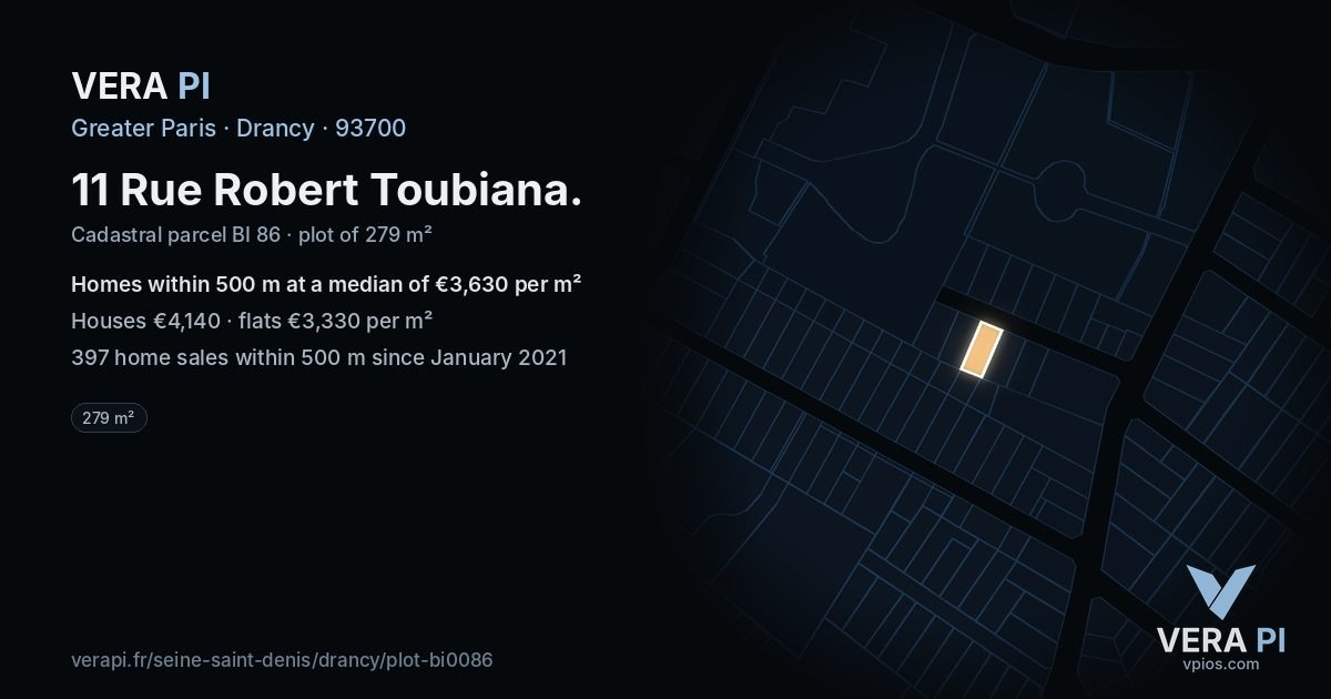 11 Rue Robert Toubiana, Drancy at night – the plot lit, the parcels around coloured by the prices near them