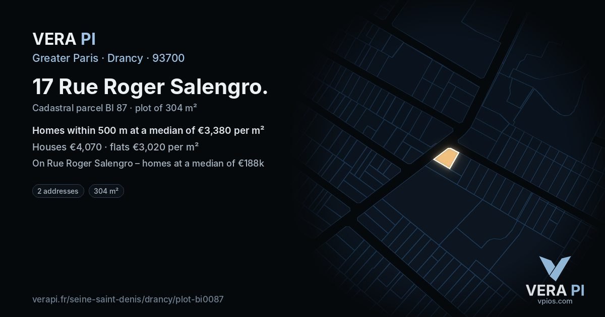 17 Rue Roger Salengro, Drancy at night – the plot lit, the parcels around coloured by the prices near them