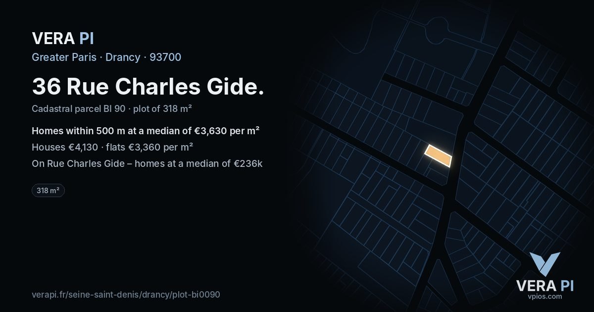 36 Rue Charles Gide, Drancy at night – the plot lit, the parcels around coloured by the prices near them