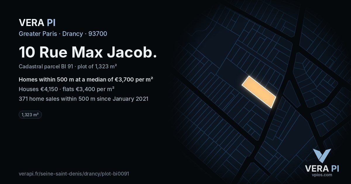 10 Rue Max Jacob, Drancy at night – the plot lit, the parcels around coloured by the prices near them