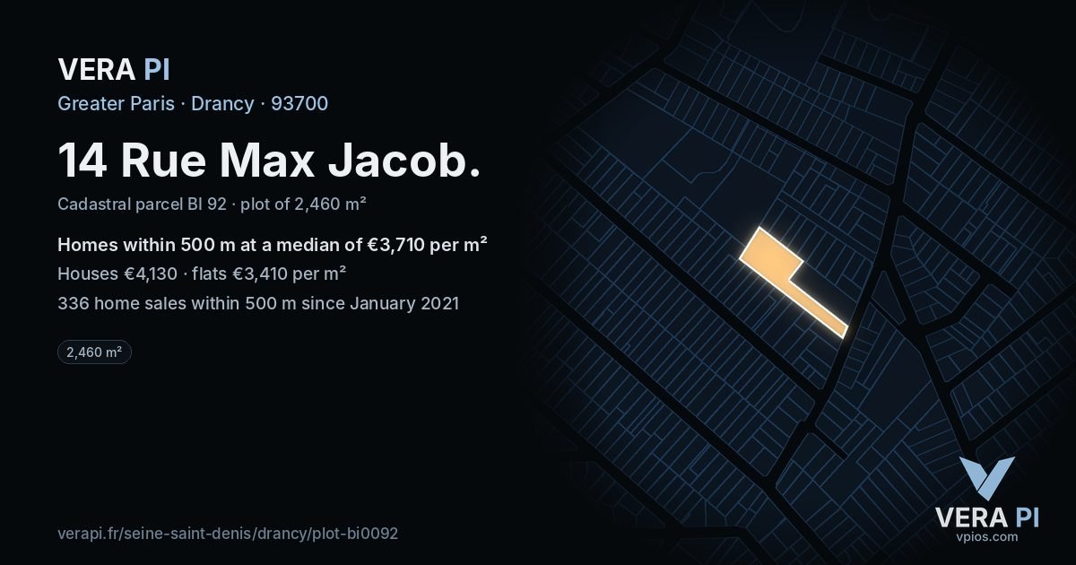 14 Rue Max Jacob, Drancy at night – the plot lit, the parcels around coloured by the prices near them