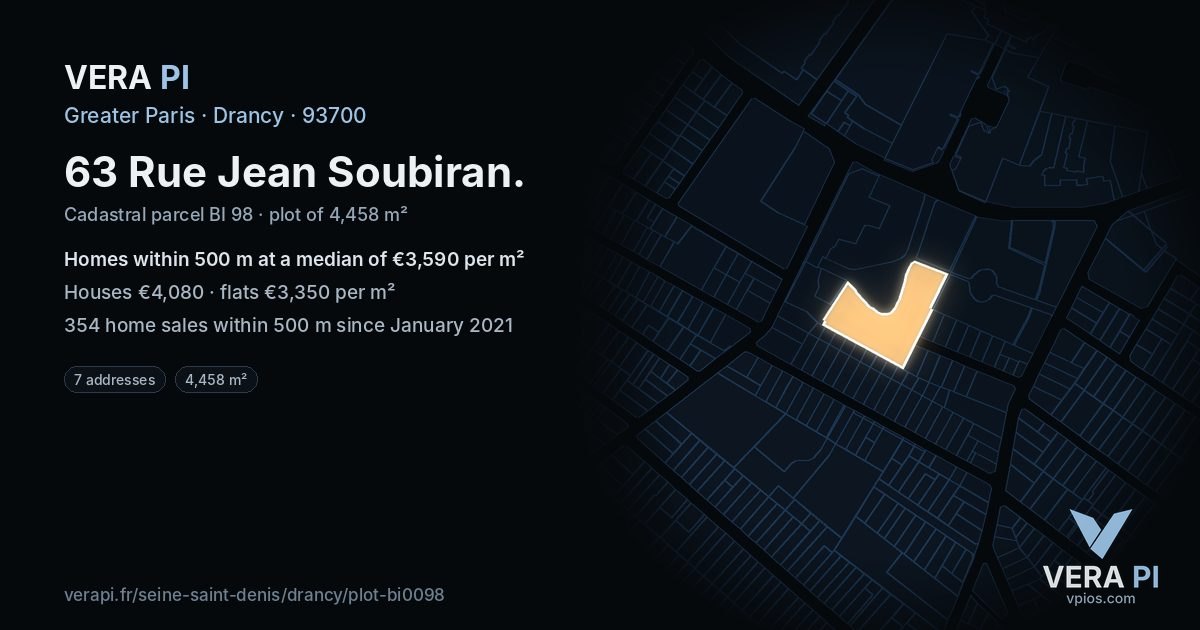 63 Rue Jean Soubiran, Drancy at night – the plot lit, the parcels around coloured by the prices near them
