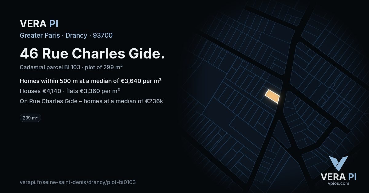 46 Rue Charles Gide, Drancy at night – the plot lit, the parcels around coloured by the prices near them