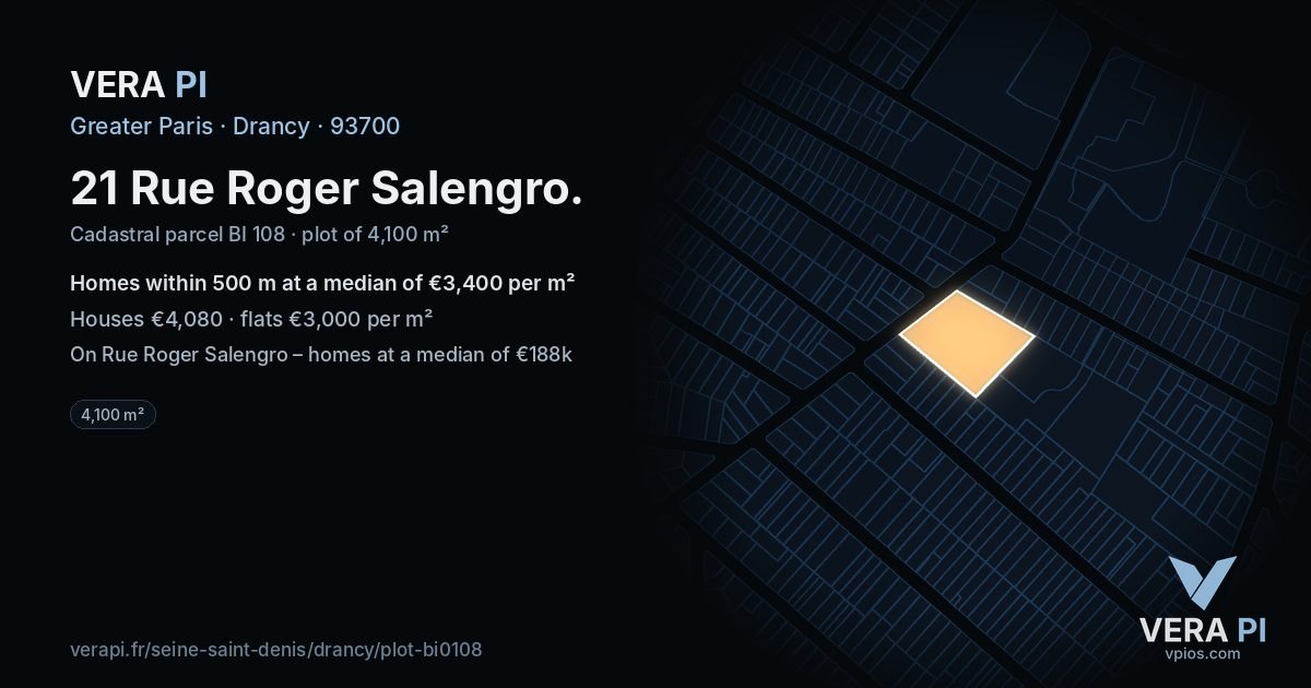 21 Rue Roger Salengro, Drancy at night – the plot lit, the parcels around coloured by the prices near them