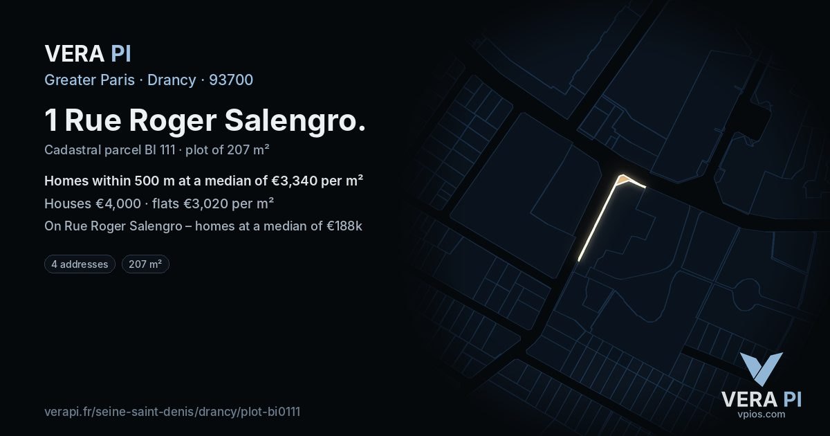 1 Rue Roger Salengro, Drancy at night – the plot lit, the parcels around coloured by the prices near them