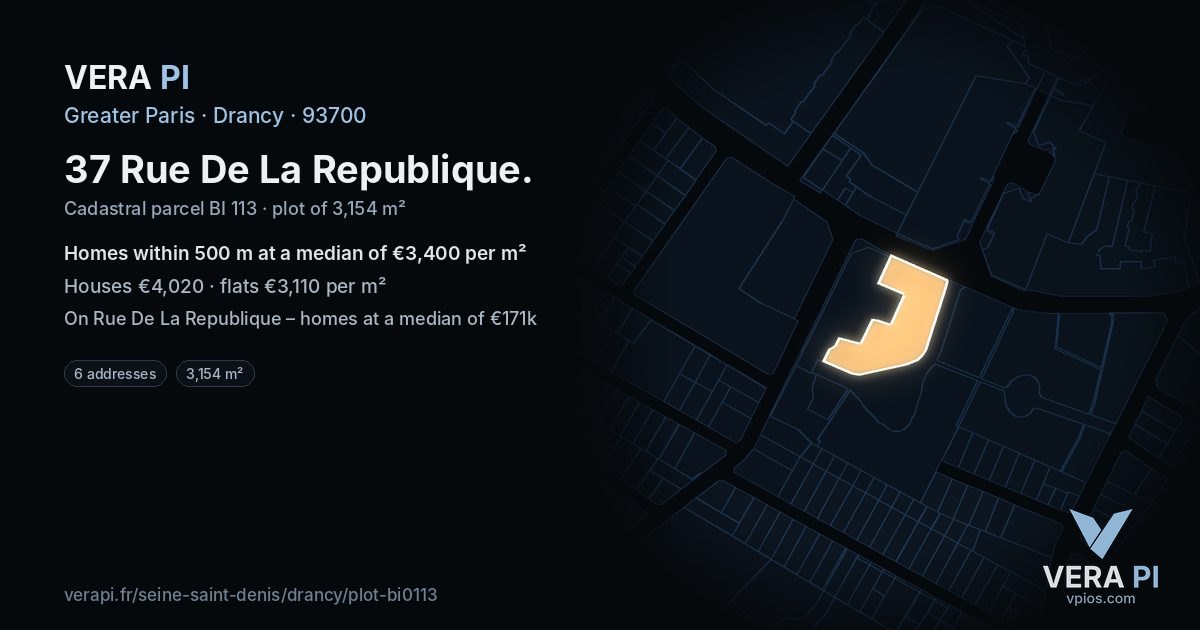 37 Rue De La Republique, Drancy at night – the plot lit, the parcels around coloured by the prices near them