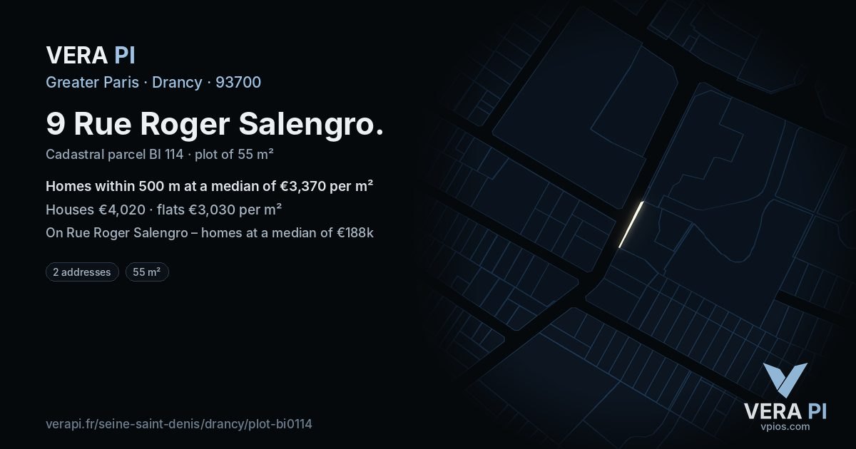 9 Rue Roger Salengro, Drancy at night – the plot lit, the parcels around coloured by the prices near them