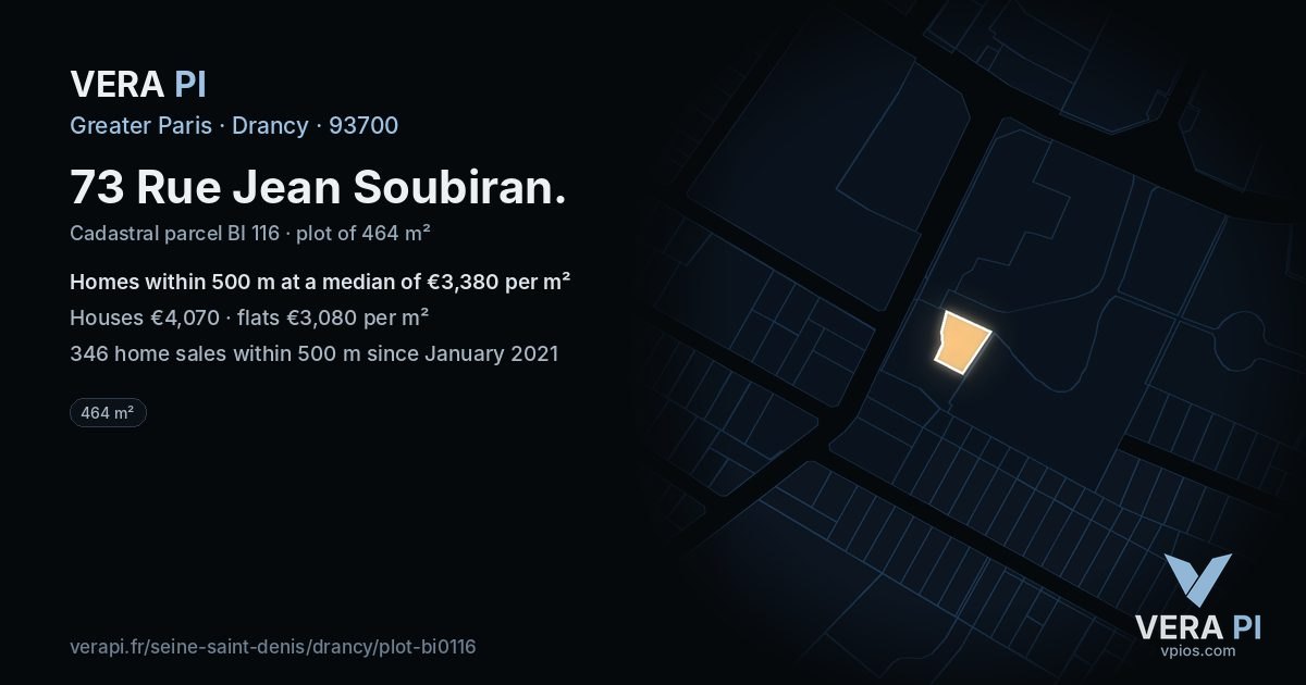 73 Rue Jean Soubiran, Drancy at night – the plot lit, the parcels around coloured by the prices near them