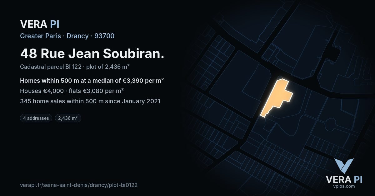 48 Rue Jean Soubiran, Drancy at night – the plot lit, the parcels around coloured by the prices near them