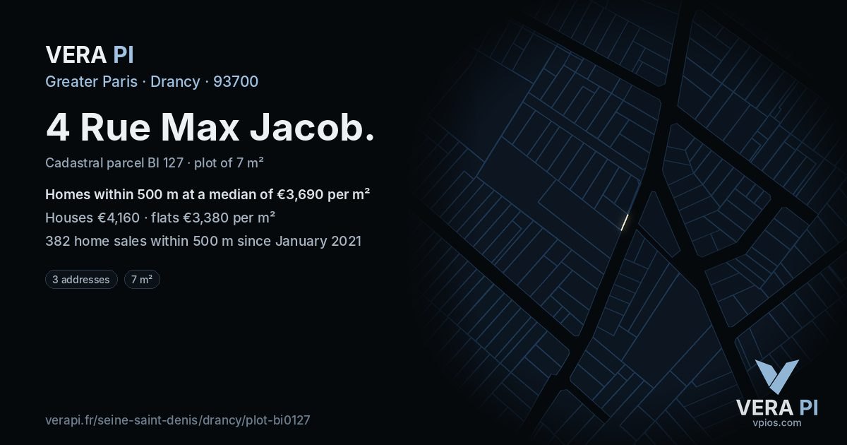 4 Rue Max Jacob, Drancy at night – the plot lit, the parcels around coloured by the prices near them