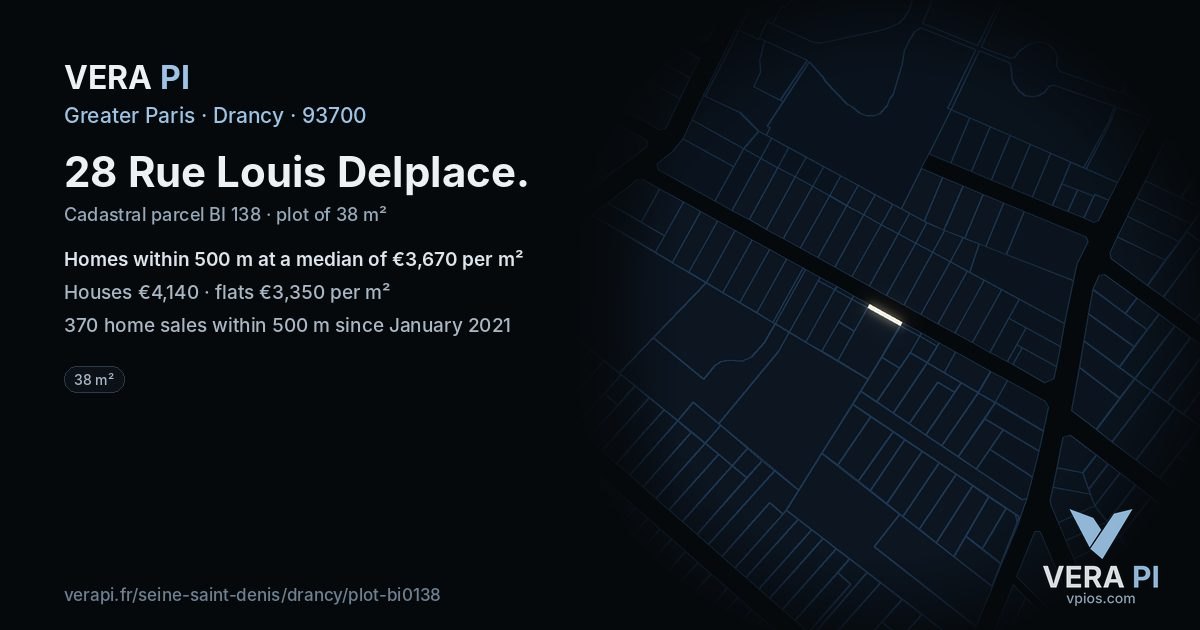 28 Rue Louis Delplace, Drancy at night – the plot lit, the parcels around coloured by the prices near them