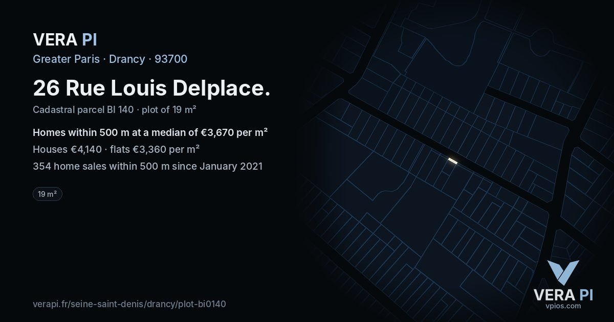 26 Rue Louis Delplace, Drancy at night – the plot lit, the parcels around coloured by the prices near them