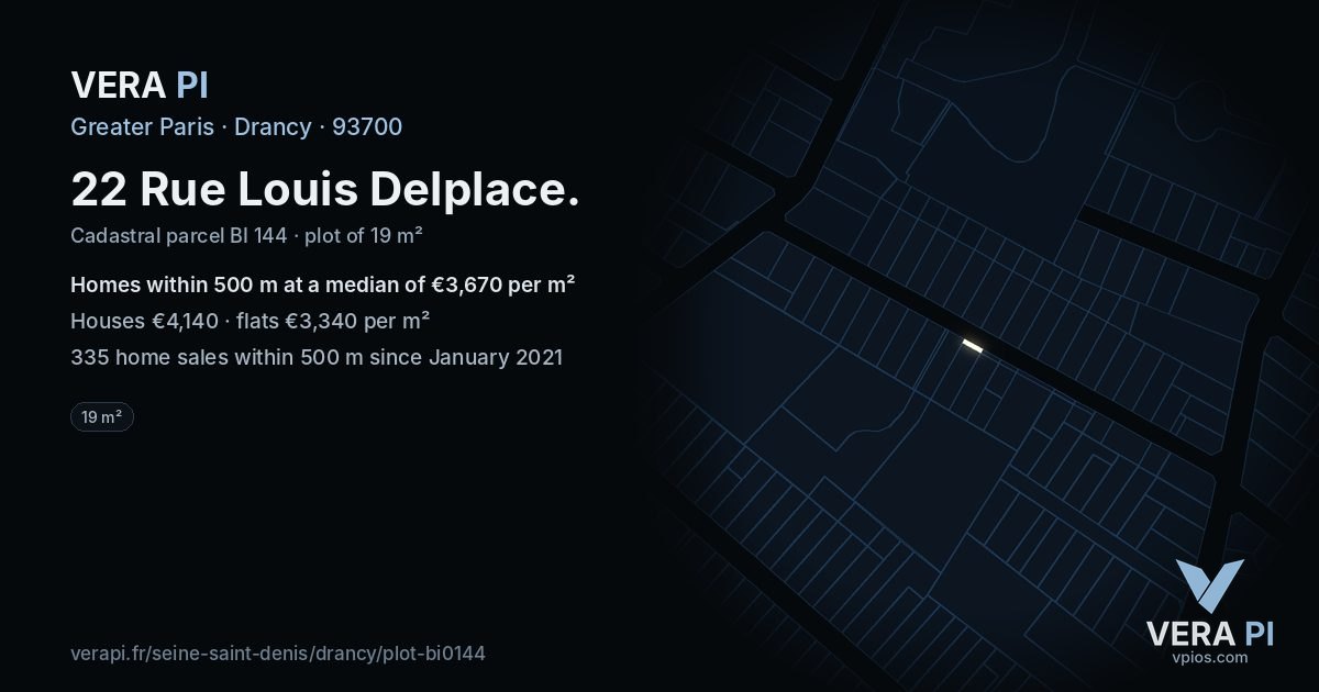 22 Rue Louis Delplace, Drancy at night – the plot lit, the parcels around coloured by the prices near them
