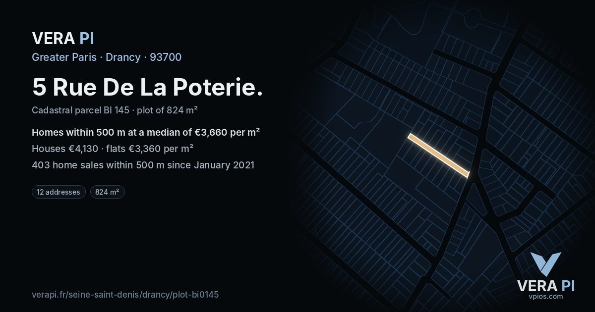 5 Rue De La Poterie, Drancy at night – the plot lit, the parcels around coloured by the prices near them