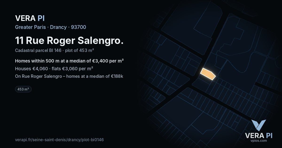 11 Rue Roger Salengro, Drancy at night – the plot lit, the parcels around coloured by the prices near them