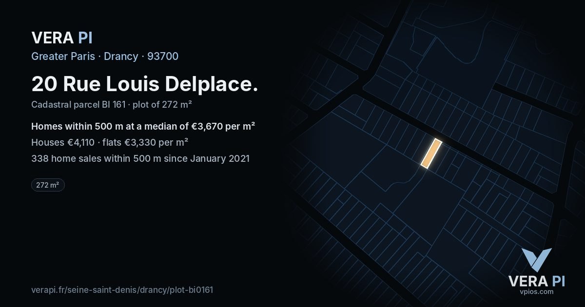 20 Rue Louis Delplace, Drancy at night – the plot lit, the parcels around coloured by the prices near them