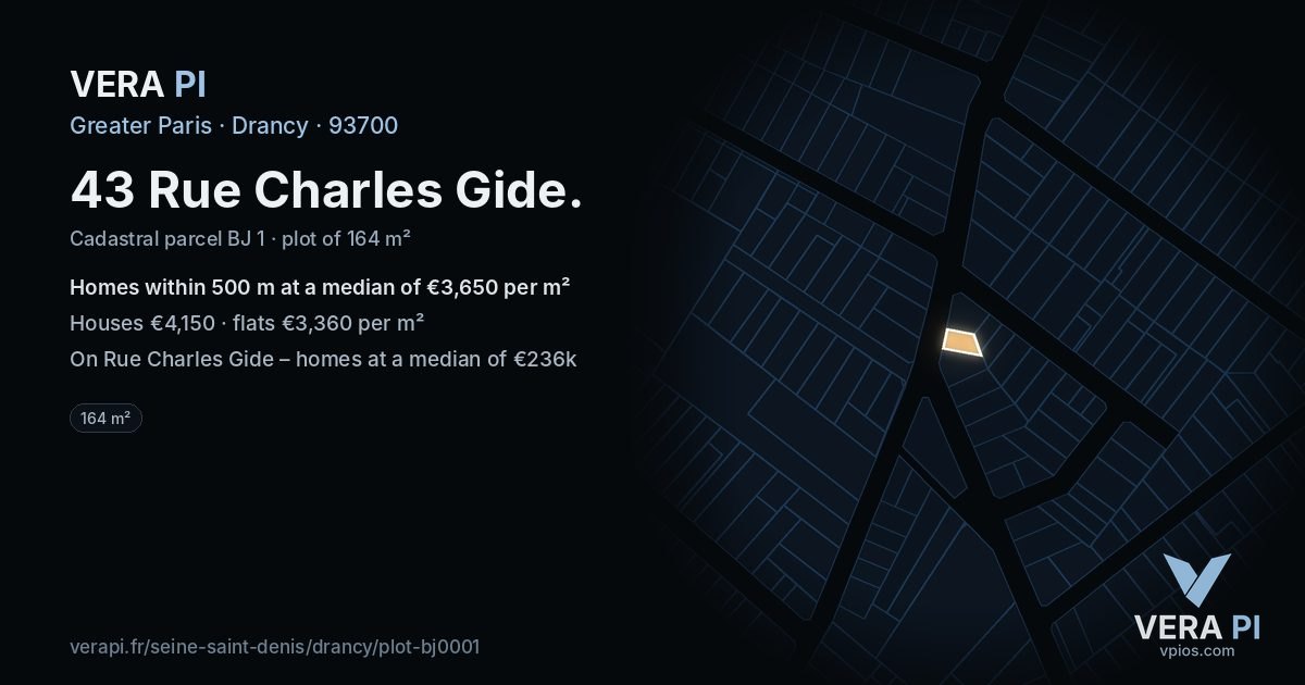 43 Rue Charles Gide, Drancy at night – the plot lit, the parcels around coloured by the prices near them