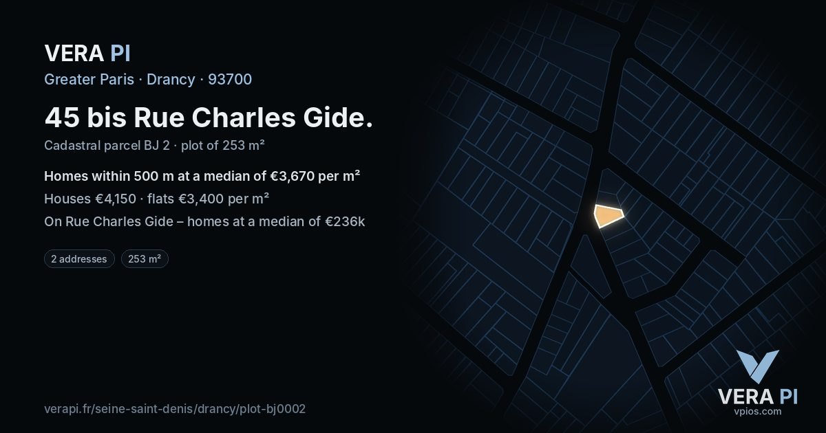 45 bis Rue Charles Gide, Drancy at night – the plot lit, the parcels around coloured by the prices near them