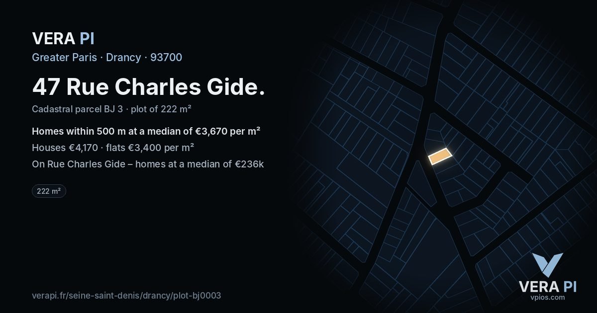 47 Rue Charles Gide, Drancy at night – the plot lit, the parcels around coloured by the prices near them