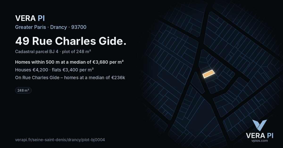 49 Rue Charles Gide, Drancy at night – the plot lit, the parcels around coloured by the prices near them
