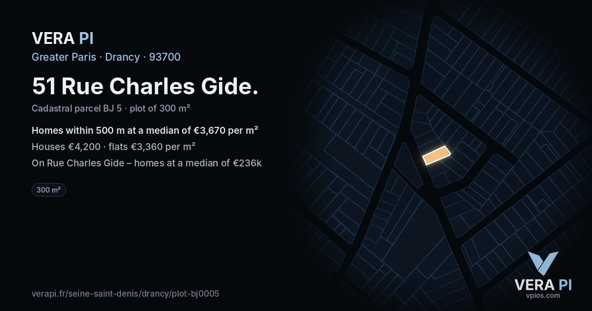 51 Rue Charles Gide, Drancy at night – the plot lit, the parcels around coloured by the prices near them