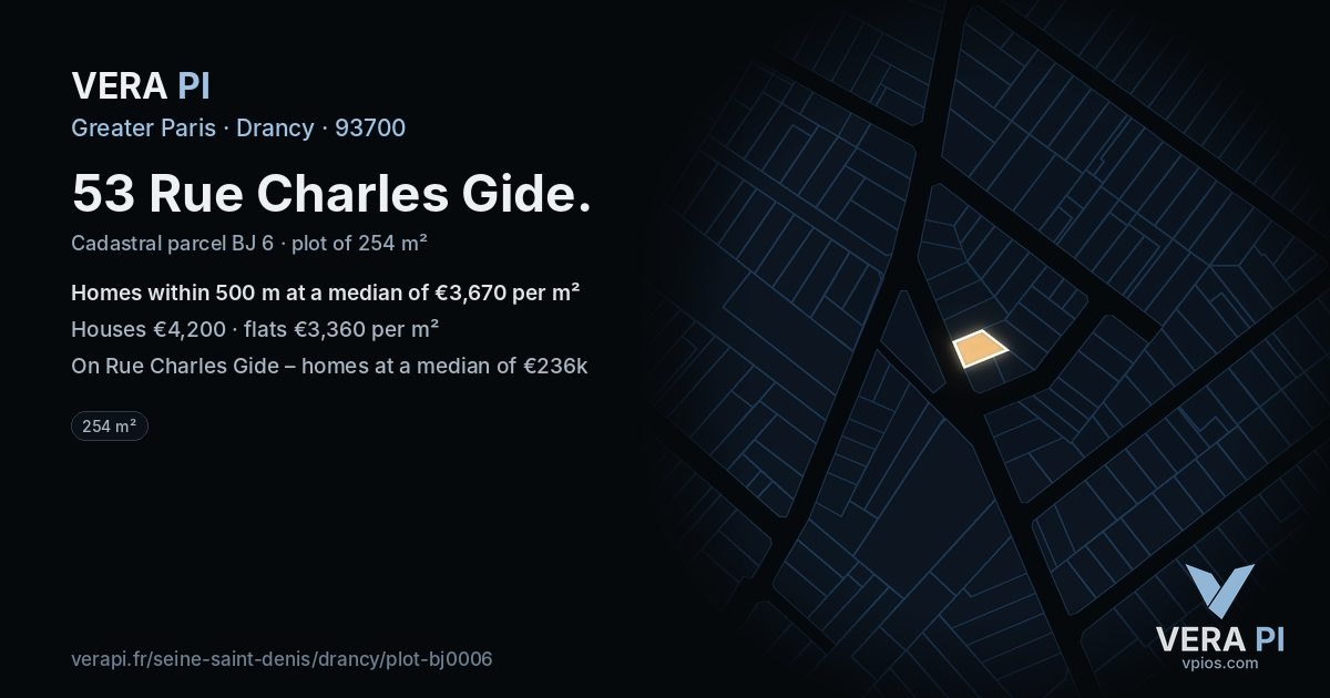 53 Rue Charles Gide, Drancy at night – the plot lit, the parcels around coloured by the prices near them